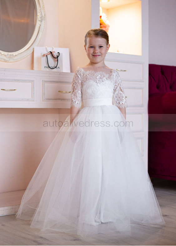 Elbow Sleeves Ivory Lace Tulle Flower Girl Dress